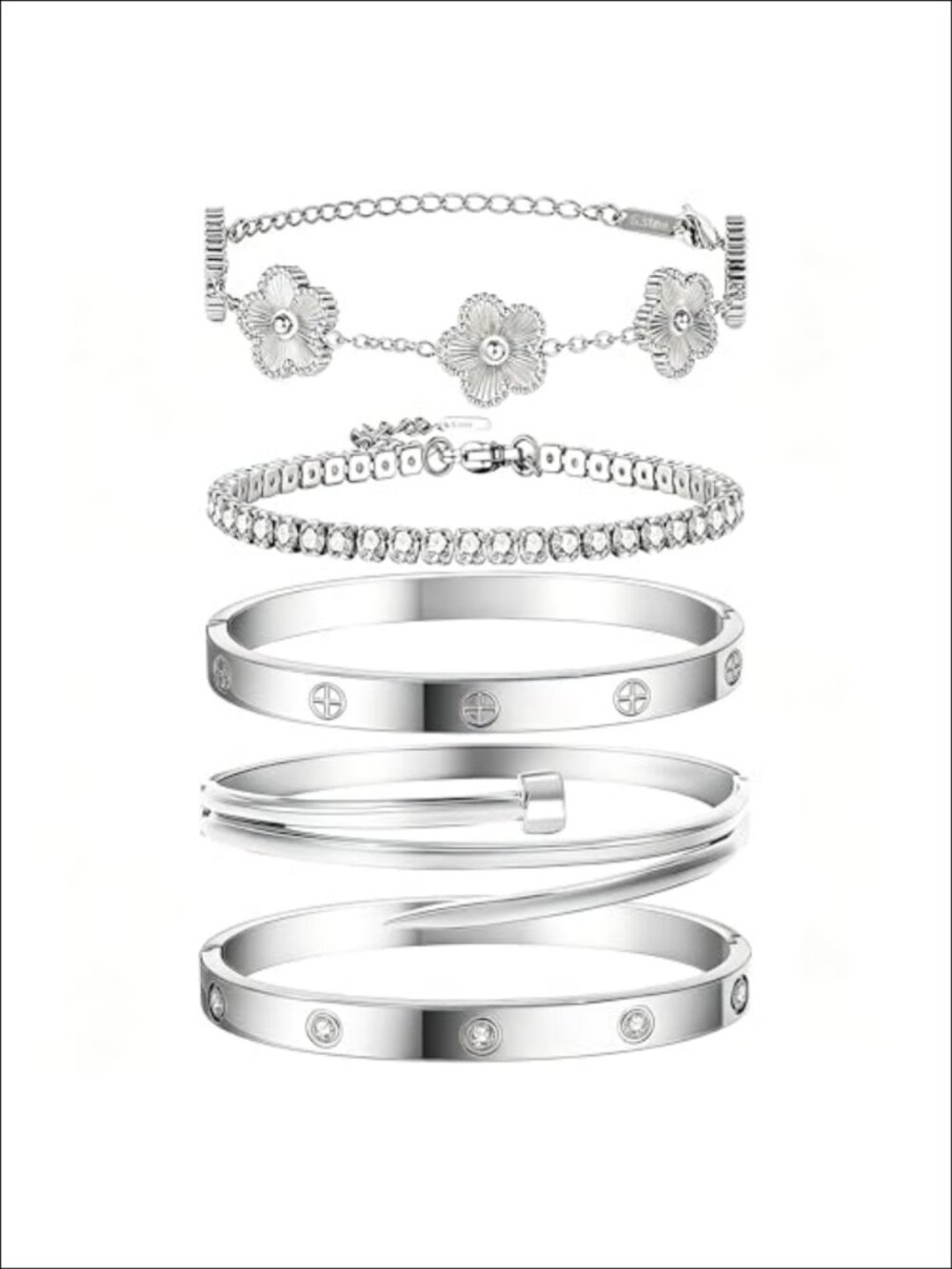 Stackable Stainless Steel & Sterling Silver Bangle Bracelet Set Non-Tarnish